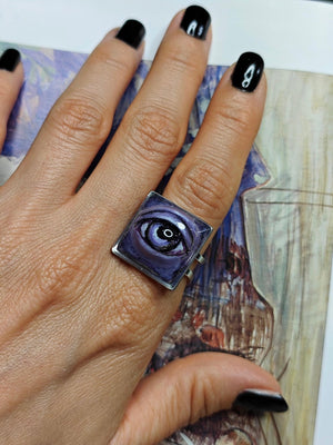 Purple Eye Ring – Handmade Clay & Resin Surreal Statement Jewelry, Sculptural Fantasy Wearable Art with Adjustable Stainless Steel Band