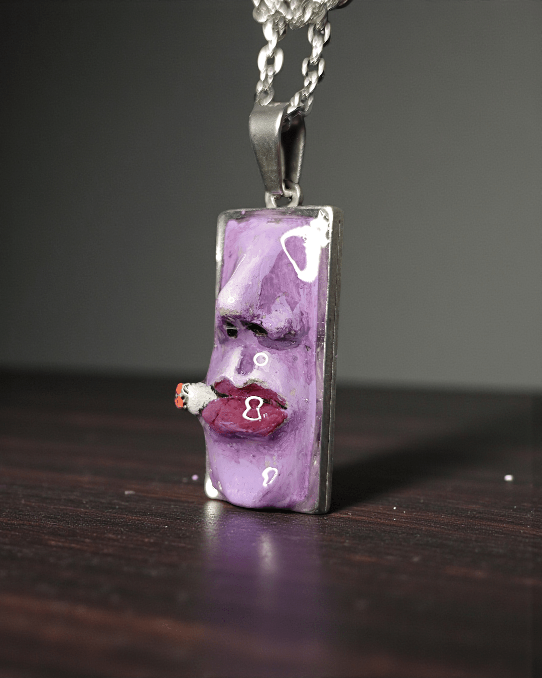 Purple Face Smoking Cigar Necklace – Handmade Clay & Resin Surreal Statement Jewelry, Sculptural Fantasy Wearable Art with Stainless Steel Chain / Pendant - SAMA