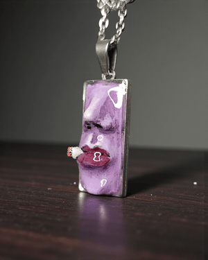 Purple Face Smoking Cigar Necklace – Handmade Clay & Resin Surreal Statement Jewelry, Sculptural Fantasy Wearable Art with Stainless Steel Chain / Pendant - SAMA