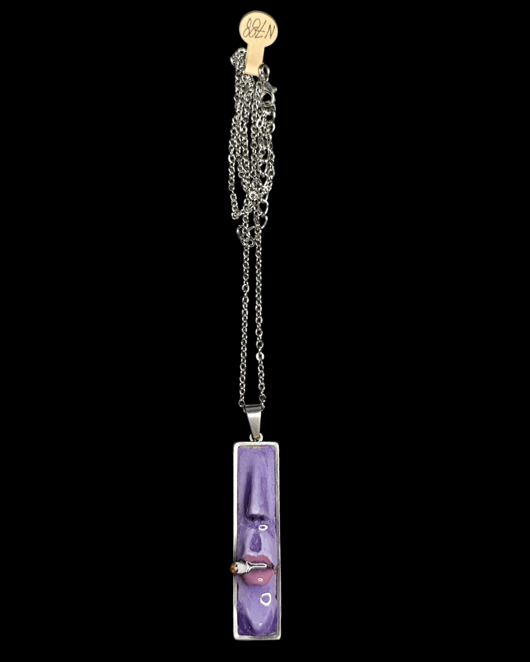 Purple Face Smoking Cigar Necklace – Handmade Clay & Resin Surreal Statement Jewelry, Sculptural Fantasy Wearable Art with Stainless Steel Chain / Pendant - SAMA