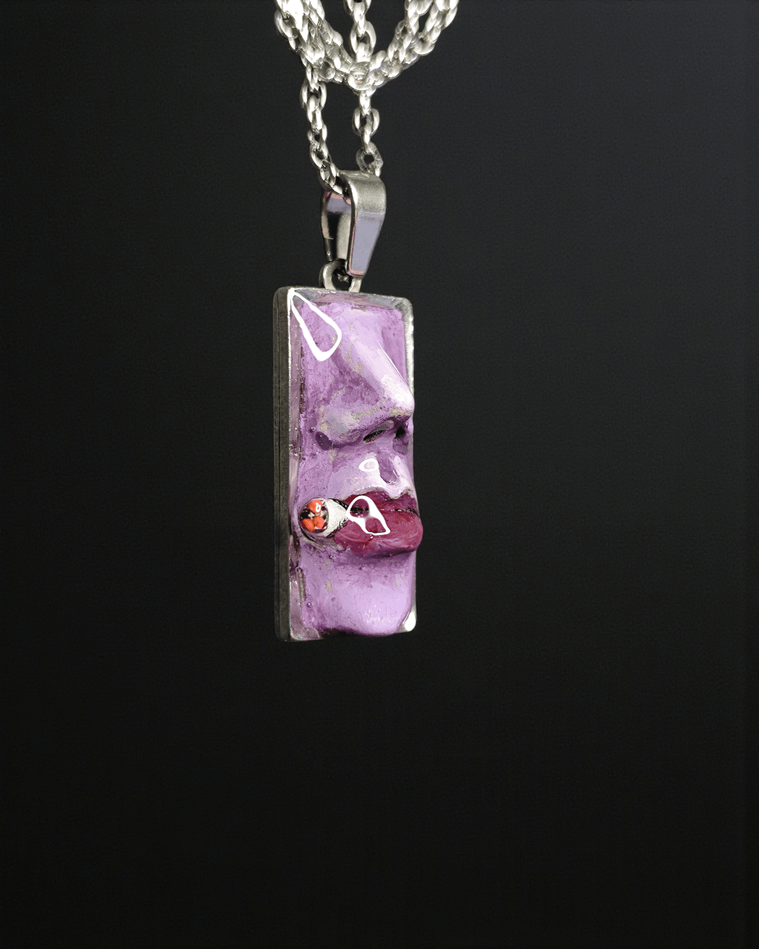 Purple Face Smoking Cigar Necklace – Handmade Clay & Resin Surreal Statement Jewelry, Sculptural Fantasy Wearable Art with Stainless Steel Chain / Pendant - SAMA
