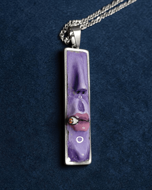 Purple Face Smoking Cigar Necklace – Handmade Clay & Resin Surreal Statement Jewelry, Sculptural Fantasy Wearable Art with Stainless Steel Chain / Pendant - SAMA