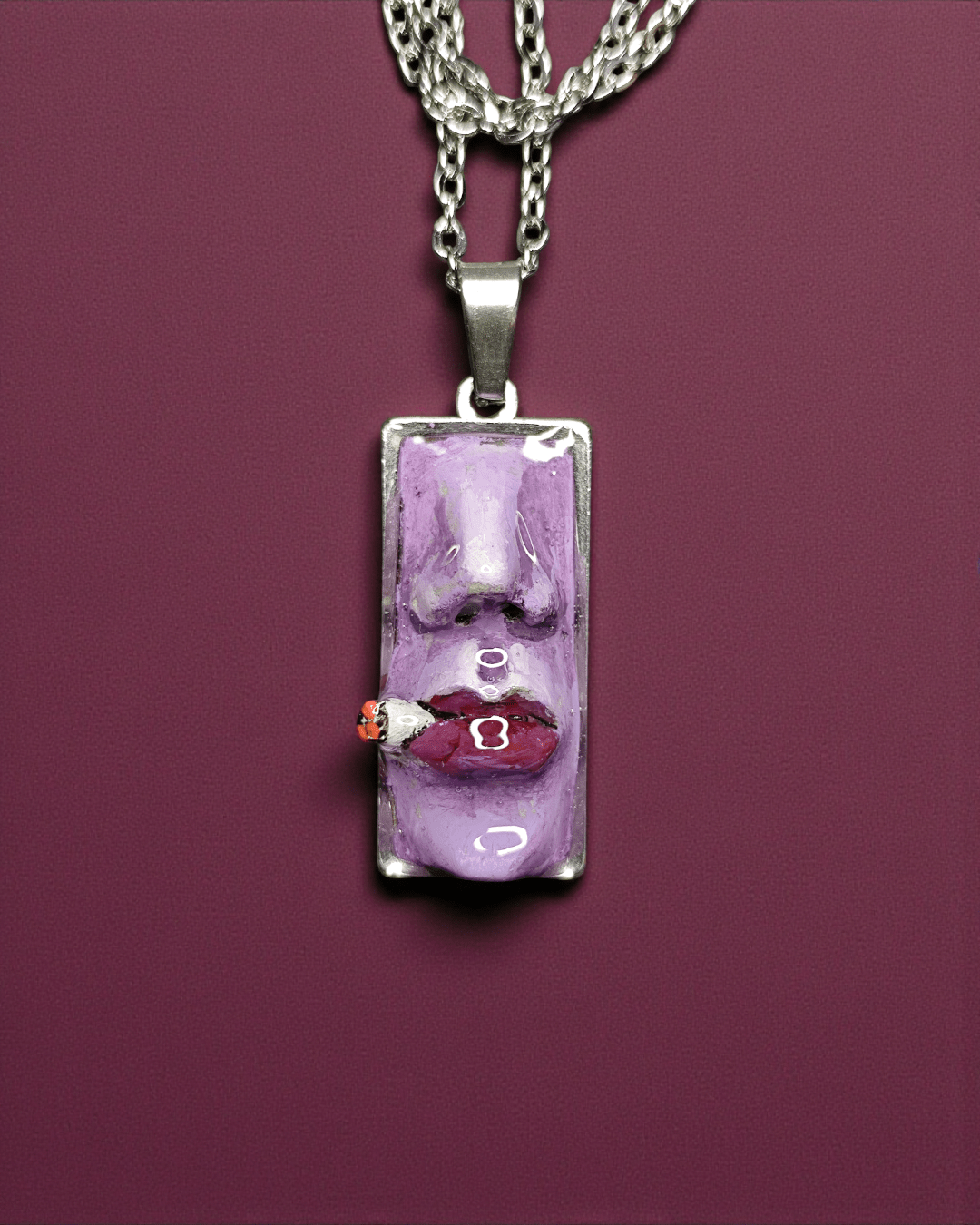 Purple Face Smoking Cigar Necklace – Handmade Clay & Resin Surreal Statement Jewelry, Sculptural Fantasy Wearable Art with Stainless Steel Chain / Pendant - SAMA