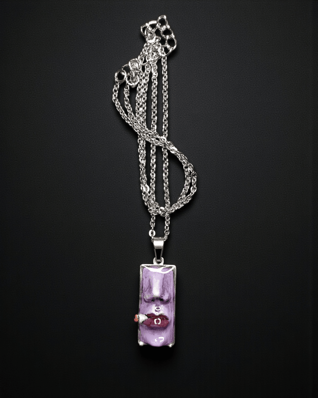 Purple Face Smoking Cigar Necklace – Handmade Clay & Resin Surreal Statement Jewelry, Sculptural Fantasy Wearable Art with Stainless Steel Chain / Pendant - SAMA