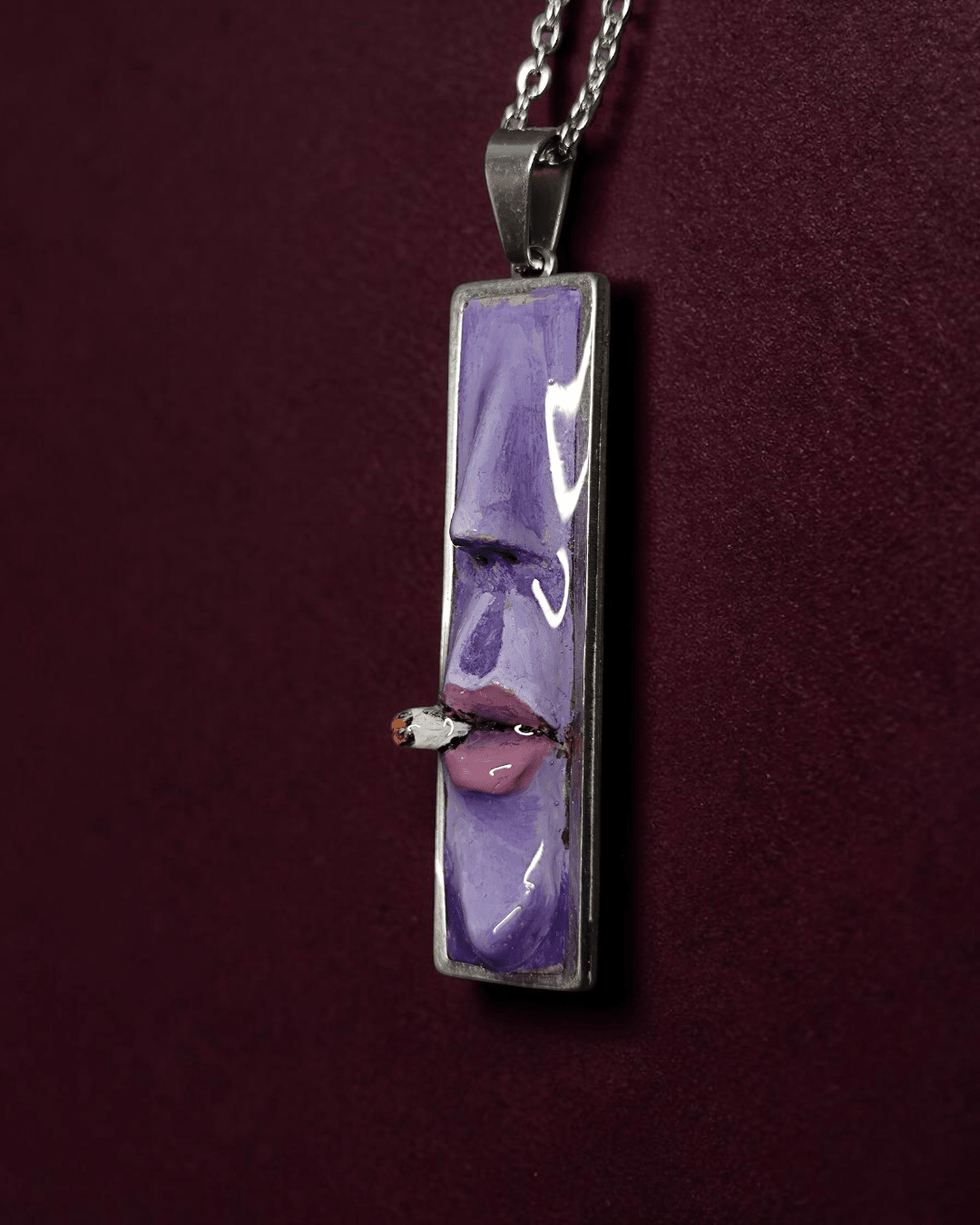 Purple Face Smoking Cigar Necklace – Handmade Clay & Resin Surreal Statement Jewelry, Sculptural Fantasy Wearable Art with Stainless Steel Chain / Pendant - SAMA