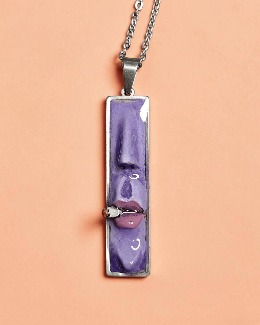 Purple Face Smoking Cigar Necklace – Handmade Clay & Resin Surreal Statement Jewelry, Sculptural Fantasy Wearable Art with Stainless Steel Chain / Pendant - SAMA