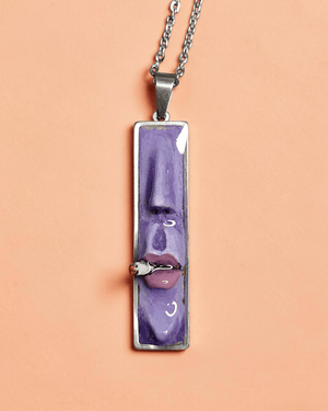 Purple Face Smoking Cigar Necklace – Handmade Clay & Resin Surreal Statement Jewelry, Sculptural Fantasy Wearable Art with Stainless Steel Chain / Pendant - SAMA