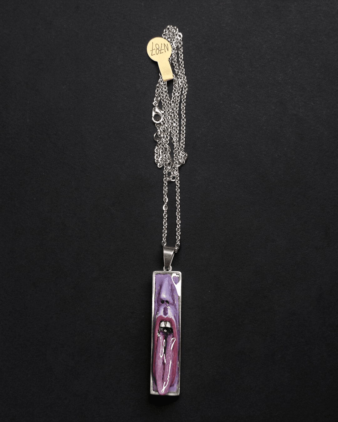 Purple Face Tongue Out Necklace – Handmade Clay & Resin Surreal Statement Jewelry, Sculptural Fantasy Wearable Art with Stainless Steel Chain / Pendant - SAMA