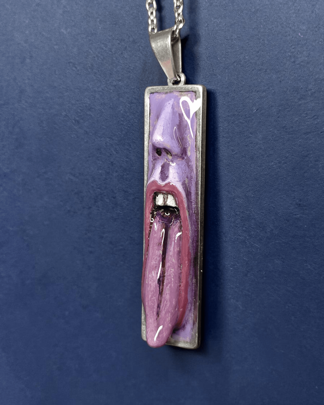 Purple Face Tongue Out Necklace – Handmade Clay & Resin Surreal Statement Jewelry, Sculptural Fantasy Wearable Art with Stainless Steel Chain / Pendant - SAMA