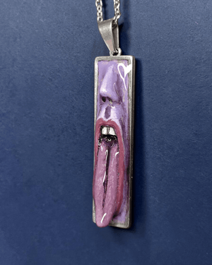 Purple Face Tongue Out Necklace – Handmade Clay & Resin Surreal Statement Jewelry, Sculptural Fantasy Wearable Art with Stainless Steel Chain / Pendant - SAMA