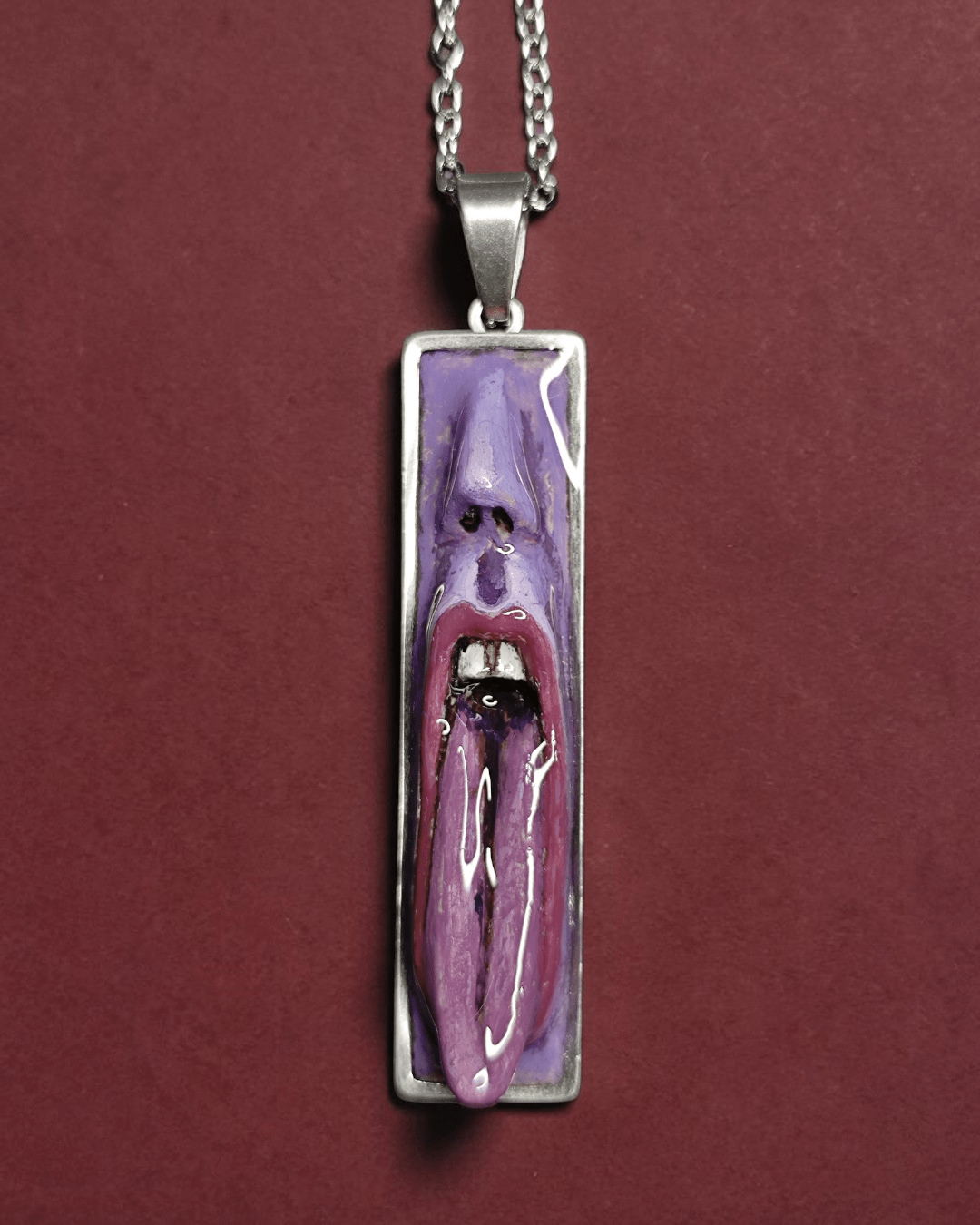 Purple Face Tongue Out Necklace – Handmade Clay & Resin Surreal Statement Jewelry, Sculptural Fantasy Wearable Art with Stainless Steel Chain / Pendant - SAMA