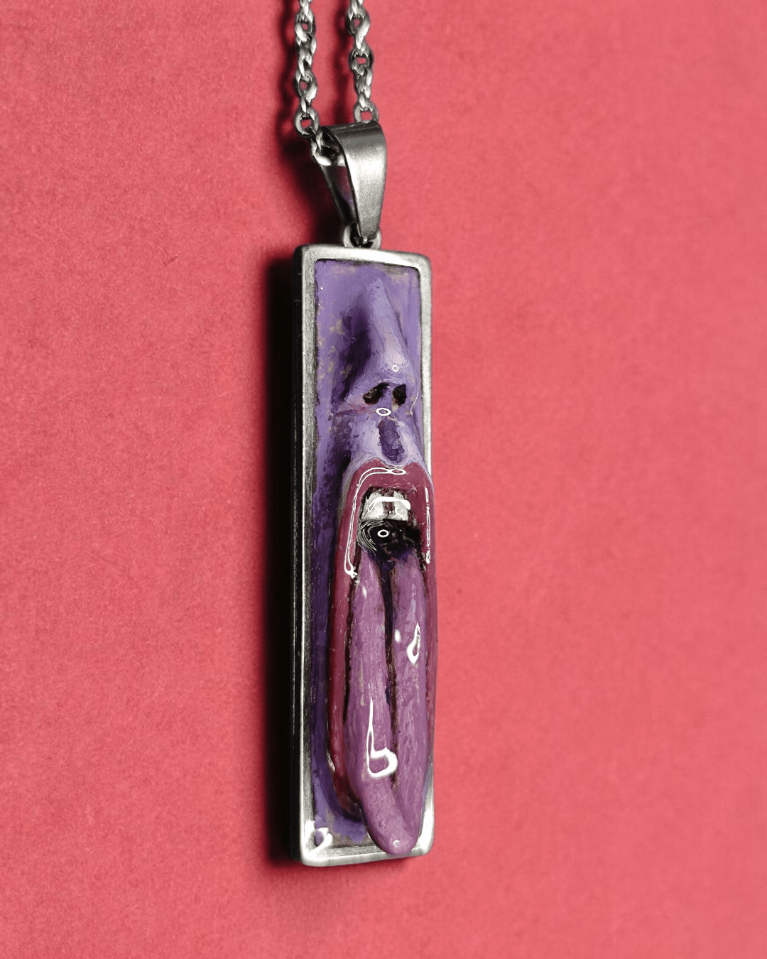 Purple Face Tongue Out Necklace – Handmade Clay & Resin Surreal Statement Jewelry, Sculptural Fantasy Wearable Art with Stainless Steel Chain / Pendant - SAMA