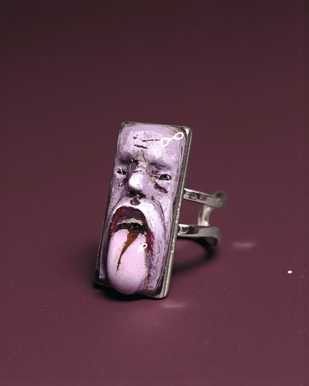 Purple Face Tongue Out Ring – Handmade Clay & Resin Surreal Statement Jewelry with Adjustable Stainless Steel Band - SAMA