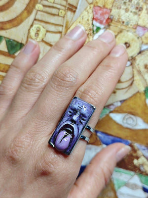 Purple Face Tongue Out Ring – Handmade Clay & Resin Surreal Statement Jewelry with Adjustable Stainless Steel Band - SAMA
