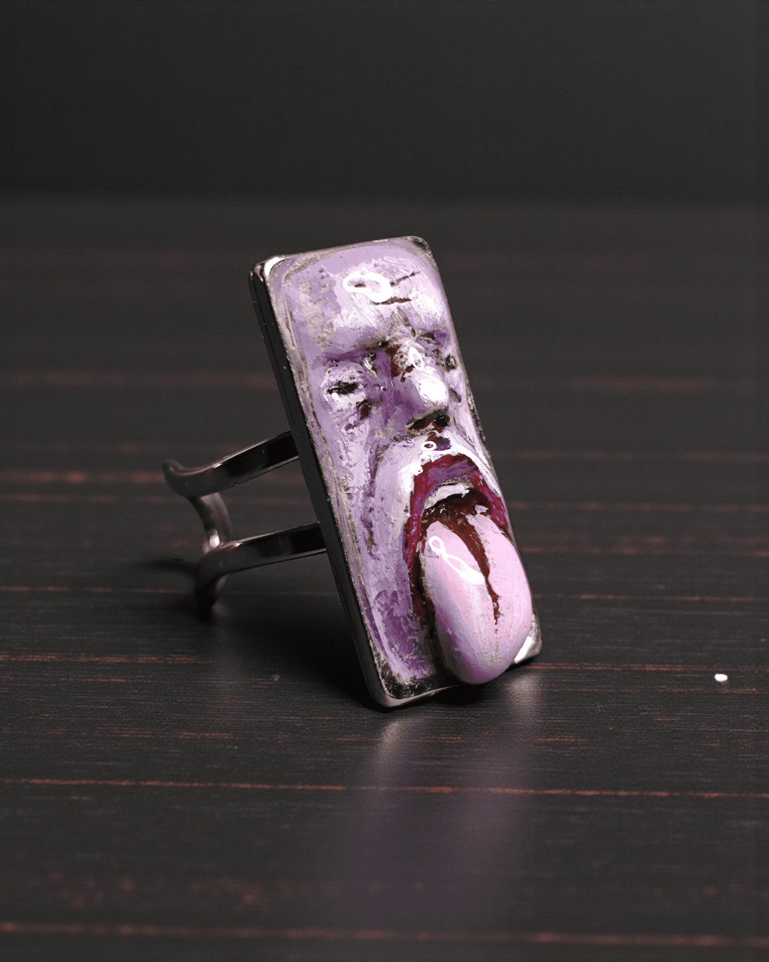 Purple Face Tongue Out Ring – Handmade Clay & Resin Surreal Statement Jewelry with Adjustable Stainless Steel Band - SAMA