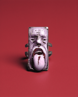 Purple Face Tongue Out Ring – Handmade Clay & Resin Surreal Statement Jewelry with Adjustable Stainless Steel Band - SAMA