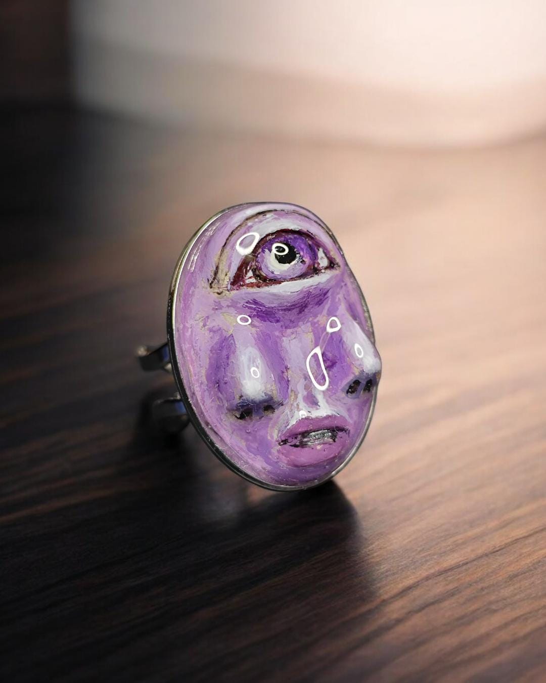 Purple Face with Double Nose Ring – Handmade Clay & Resin Surreal Statement Jewelry, Sculptural Fantasy Wearable Art with Adjustable Stainle