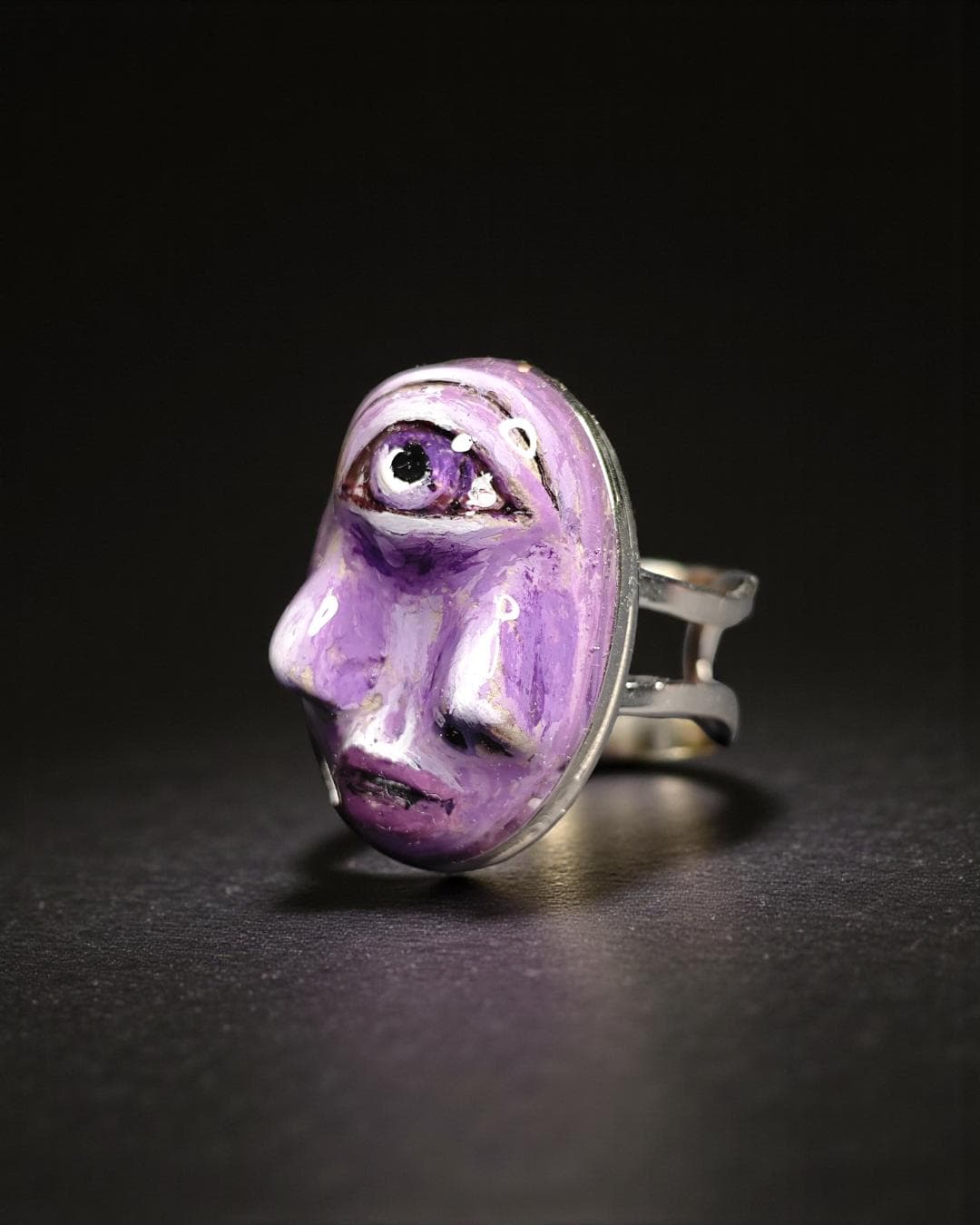 Purple Face with Double Nose Ring – Handmade Clay & Resin Surreal Statement Jewelry, Sculptural Fantasy Wearable Art with Adjustable Stainle