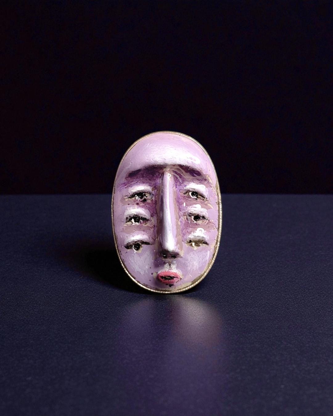 Purple Face with Three Pairs of Eyes Ring – Handmade Clay & Resin Surreal Statement Jewelry, Sculptural Fantasy Wearable Art with Sterling S