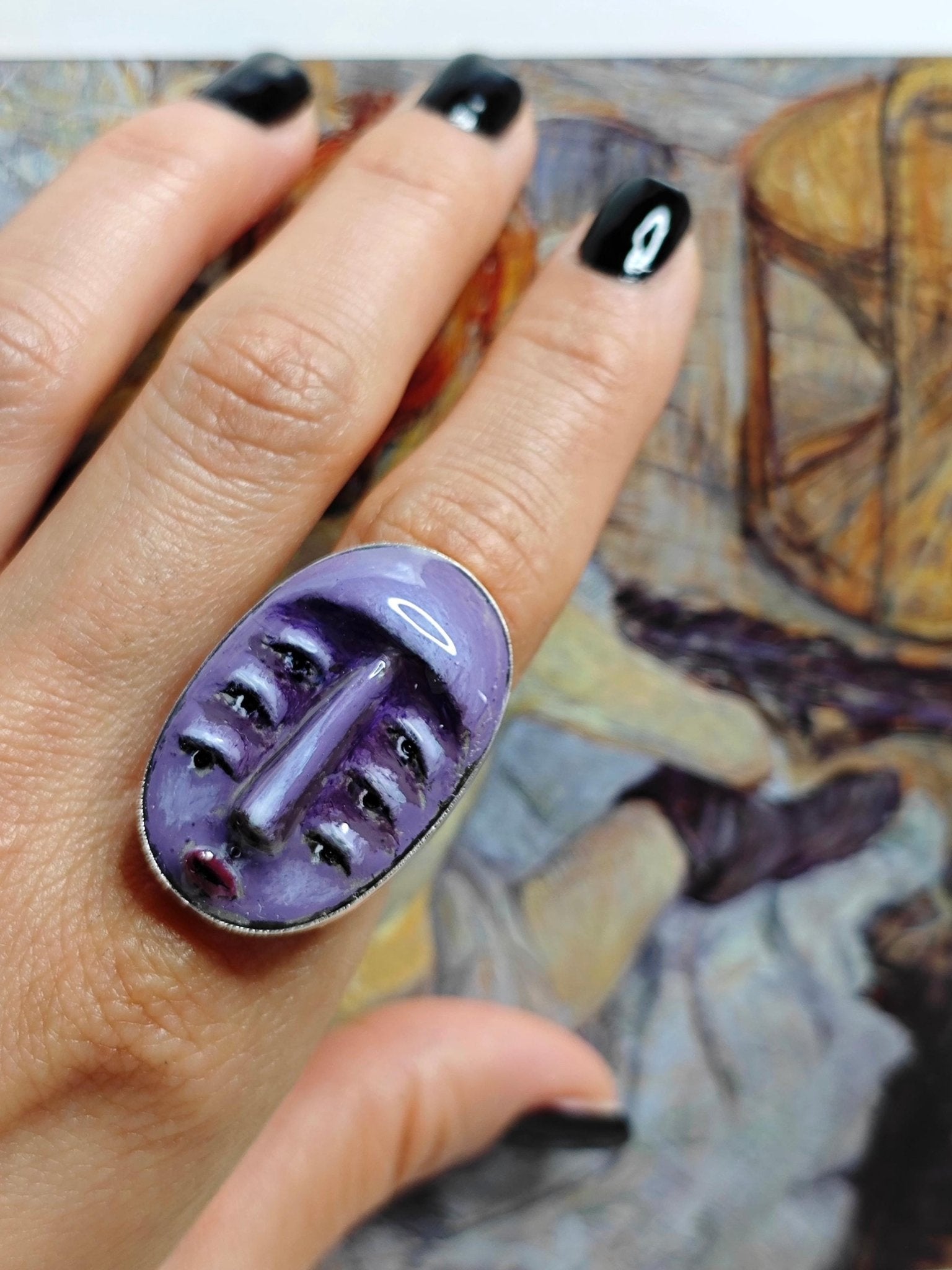 Purple Face with Three Pairs of Eyes Ring – Handmade Clay & Resin Surreal Statement Jewelry, Sculptural Fantasy Wearable Art with Sterling S