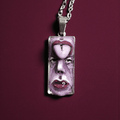 Purple Face with Tongue Out of Forehead Necklace – Handmade Clay & Resin Surreal Statement Jewelry, Sculptural Fantasy Wearable Art with Stainless Steel Chain / Pendant - SAMA