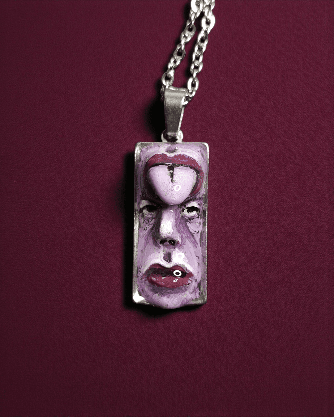Purple Face with Tongue Out of Forehead Necklace – Handmade Clay & Resin Surreal Statement Jewelry, Sculptural Fantasy Wearable Art with Stainless Steel Chain / Pendant - SAMA