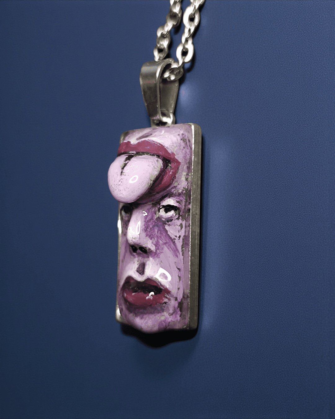 Purple Face with Tongue Out of Forehead Necklace – Handmade Clay & Resin Surreal Statement Jewelry, Sculptural Fantasy Wearable Art with Stainless Steel Chain / Pendant - SAMA