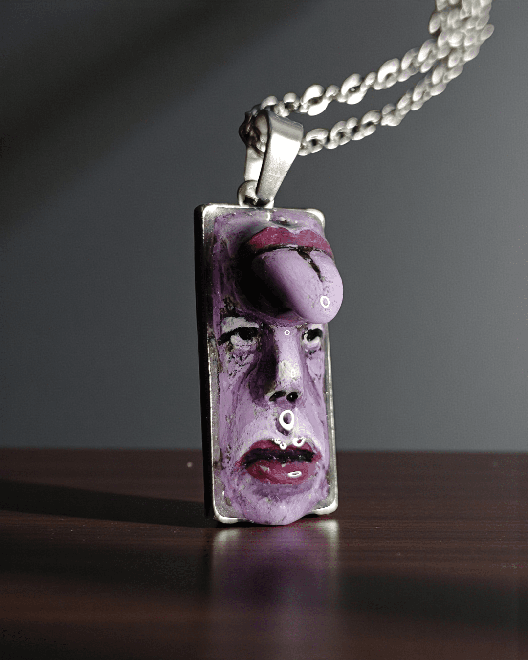 Purple Face with Tongue Out of Forehead Necklace – Handmade Clay & Resin Surreal Statement Jewelry, Sculptural Fantasy Wearable Art with Stainless Steel Chain / Pendant - SAMA