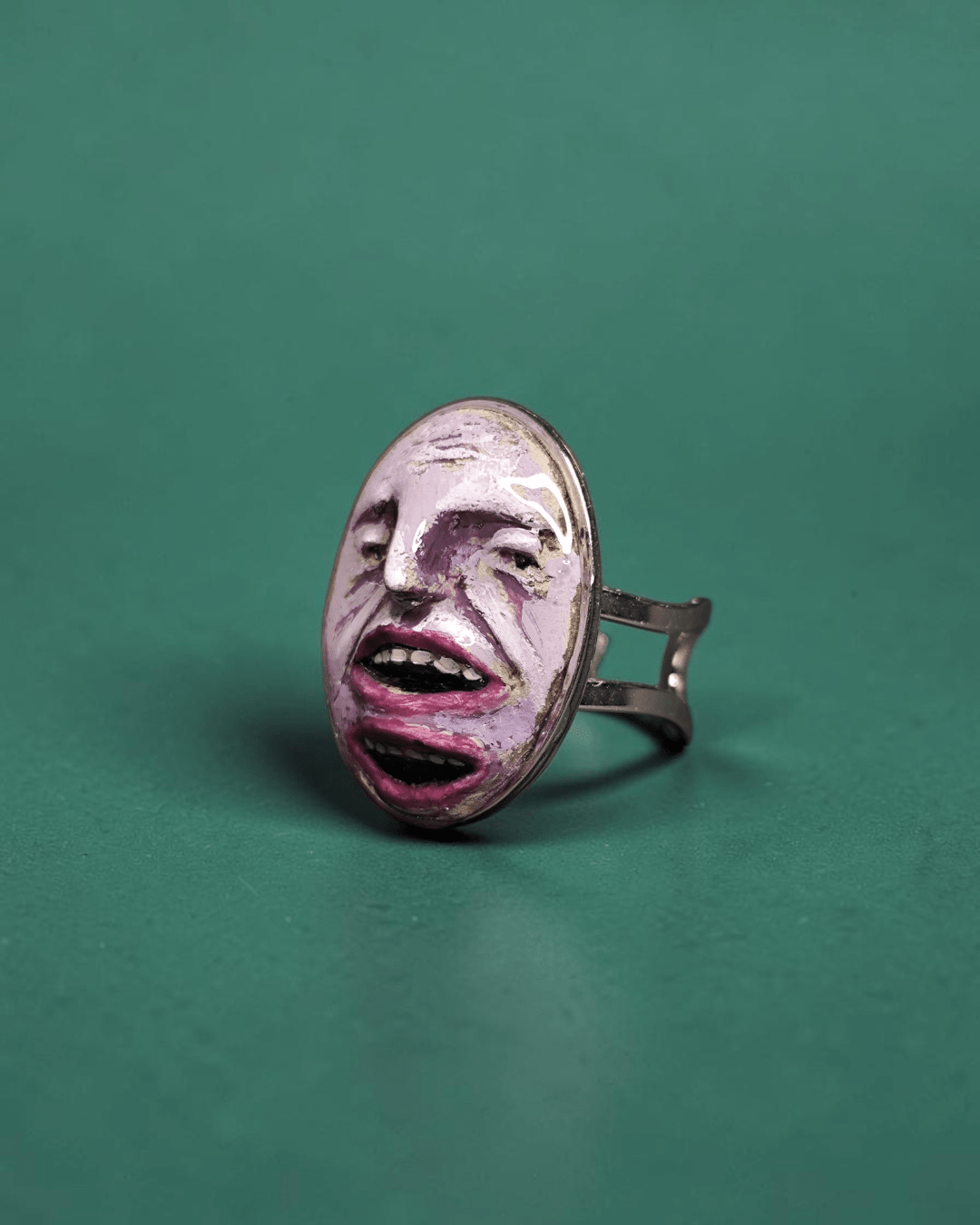 Purple Face with Two Mouths Ring – Handmade Clay & Resin Surreal Statement Jewelry with Adjustable Stainless Steel Band - SAMA