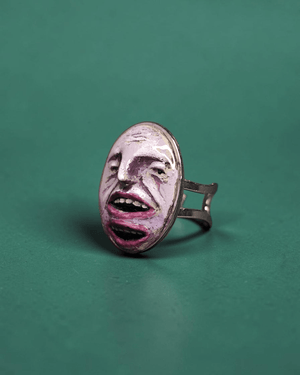 Purple Face with Two Mouths Ring – Handmade Clay & Resin Surreal Statement Jewelry with Adjustable Stainless Steel Band - SAMA