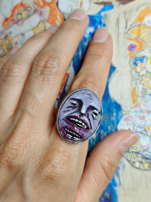 Purple Face with Two Mouths Ring – Handmade Clay & Resin Surreal Statement Jewelry with Adjustable Stainless Steel Band - SAMA