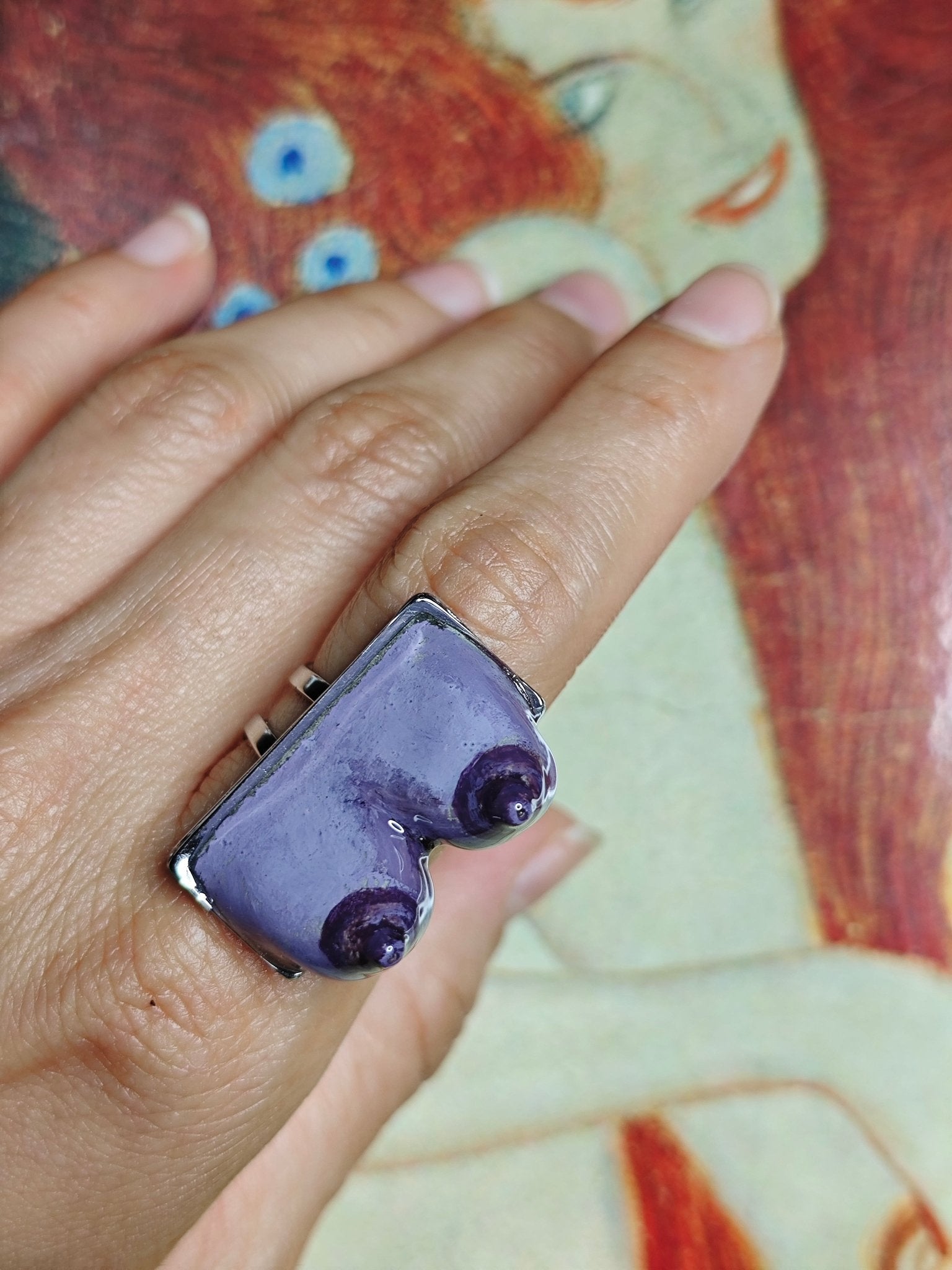 Purple Feminine Body Form Ring – Handmade Clay & Resin Surreal Statement Jewelry with Adjustable Stainless Steel Band - SAMA
