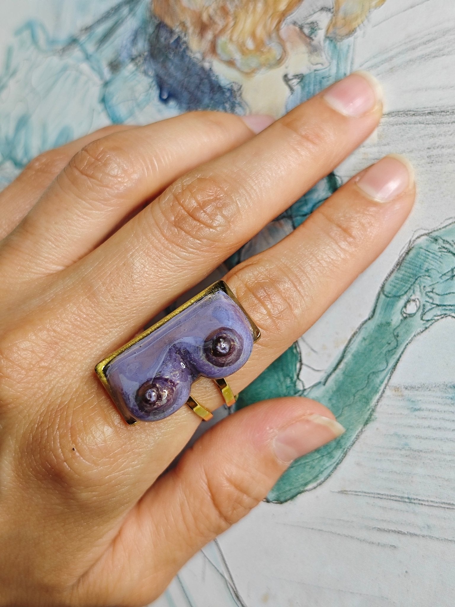 Purple Feminine Body Form Ring – Handmade Clay & Resin Surreal Statement Jewelry with Adjustable Stainless Steel Band - SAMA