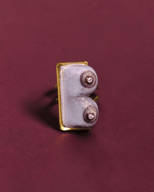 Purple Feminine Body Form Ring – Handmade Clay & Resin Surreal Statement Jewelry with Adjustable Stainless Steel Band - SAMA