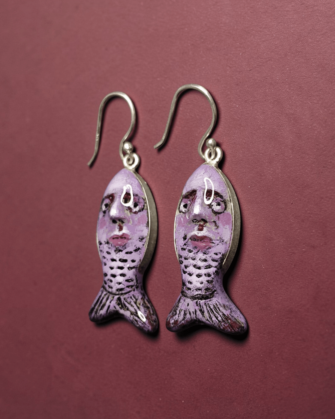 Purple Fish Earrings – Handmade Clay & Resin Surreal Statement Jewelry, Sculptural Wearable Art with Sterling Silver S925 Hooks - SAMA