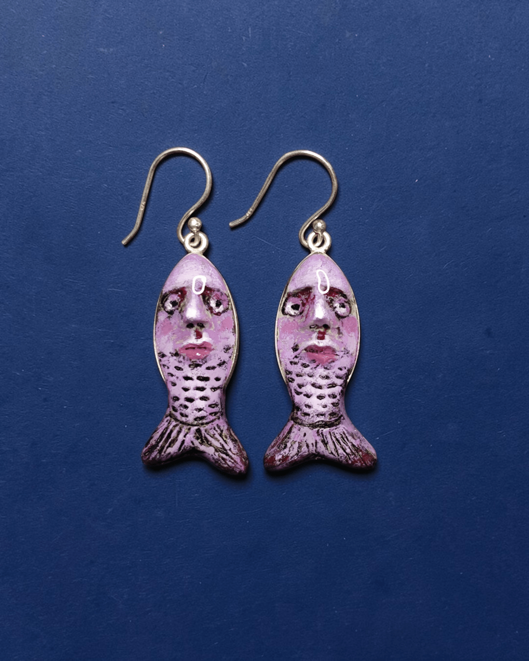 Purple Fish Earrings – Handmade Clay & Resin Surreal Statement Jewelry, Sculptural Wearable Art with Sterling Silver S925 Hooks - SAMA