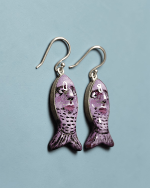 Purple Fish Earrings – Handmade Clay & Resin Surreal Statement Jewelry, Sculptural Wearable Art with Sterling Silver S925 Hooks - SAMA