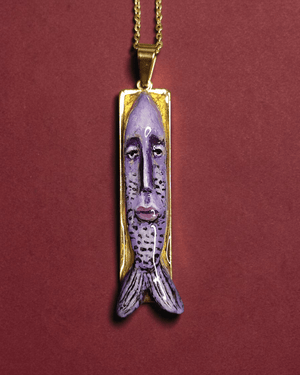 Purple Fish Head Necklace – Handmade Clay & Resin Surreal Statement Jewelry, Sculptural Fantasy Wearable Art with Stainless Steel Chain / Pendant - SAMA