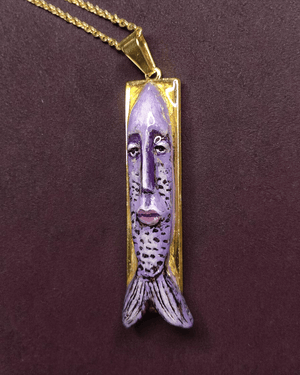 Purple Fish Head Necklace – Handmade Clay & Resin Surreal Statement Jewelry, Sculptural Fantasy Wearable Art with Stainless Steel Chain / Pendant - SAMA