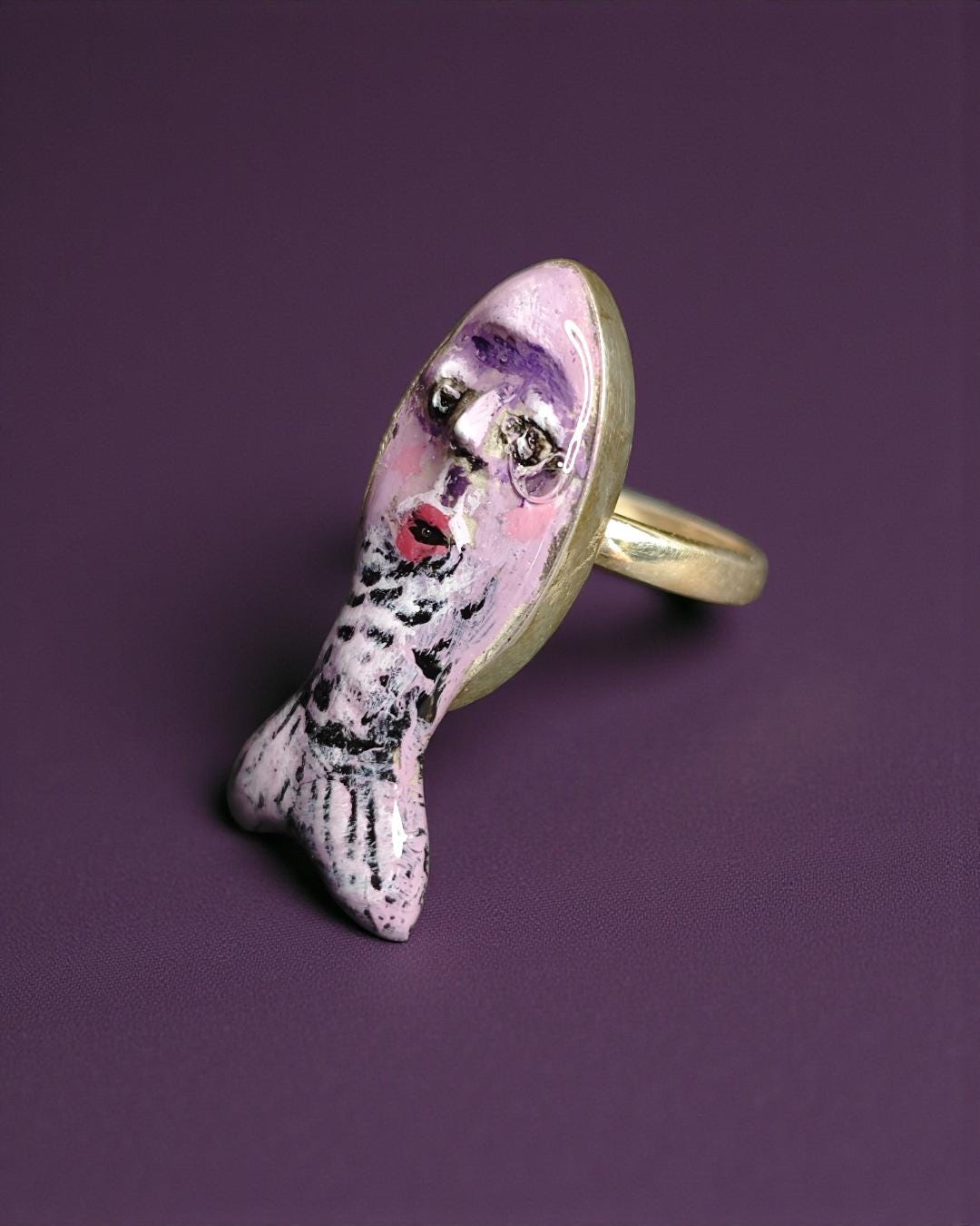 Purple Fish Ring – Handmade Clay & Resin Surreal Statement Jewelry, Sculptural Fantasy Wearable Art with Sterling Silver S925 Band