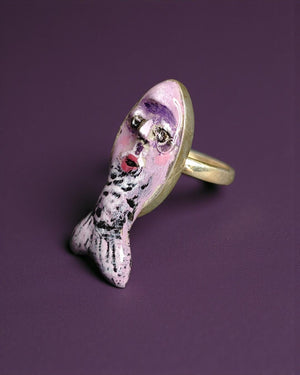 Purple Fish Ring – Handmade Clay & Resin Surreal Statement Jewelry, Sculptural Fantasy Wearable Art with Sterling Silver S925 Band