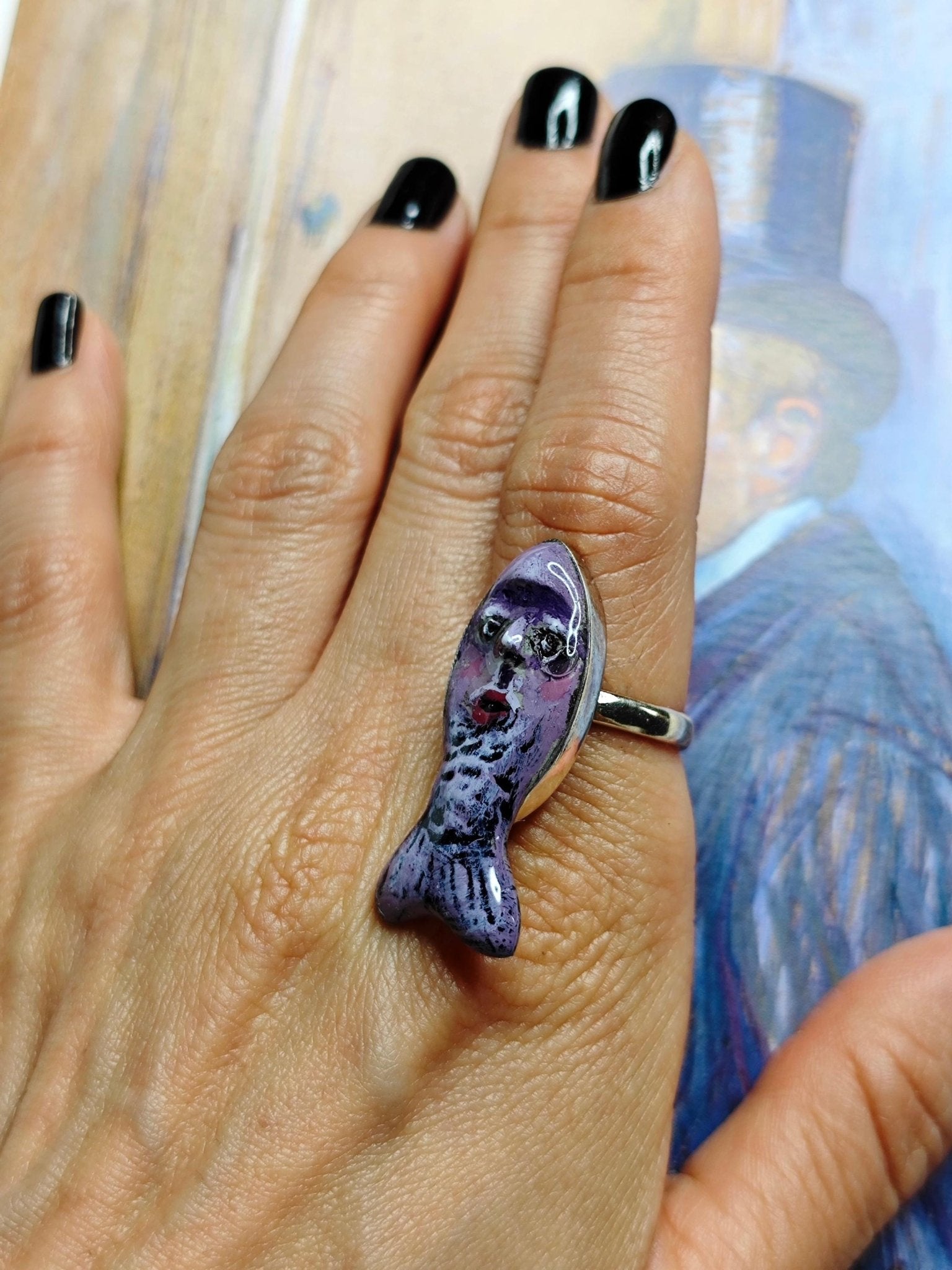 Purple Fish Ring – Handmade Clay & Resin Surreal Statement Jewelry, Sculptural Fantasy Wearable Art with Sterling Silver S925 Band