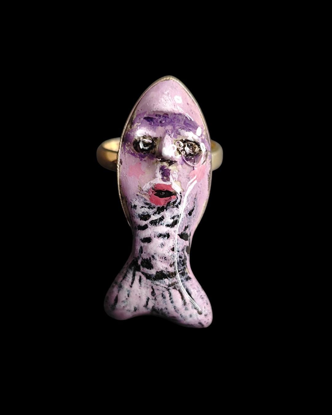 Purple Fish Ring – Handmade Clay & Resin Surreal Statement Jewelry, Sculptural Fantasy Wearable Art with Sterling Silver S925 Band