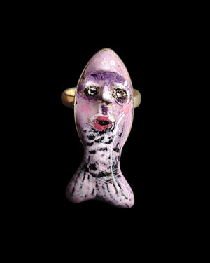 Purple Fish Ring – Handmade Clay & Resin Surreal Statement Jewelry, Sculptural Fantasy Wearable Art with Sterling Silver S925 Band
