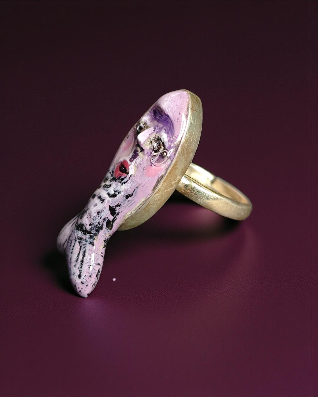 Purple Fish Ring – Handmade Clay & Resin Surreal Statement Jewelry, Sculptural Fantasy Wearable Art with Sterling Silver S925 Band