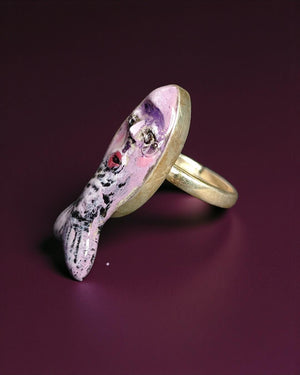 Purple Fish Ring – Handmade Clay & Resin Surreal Statement Jewelry, Sculptural Fantasy Wearable Art with Sterling Silver S925 Band