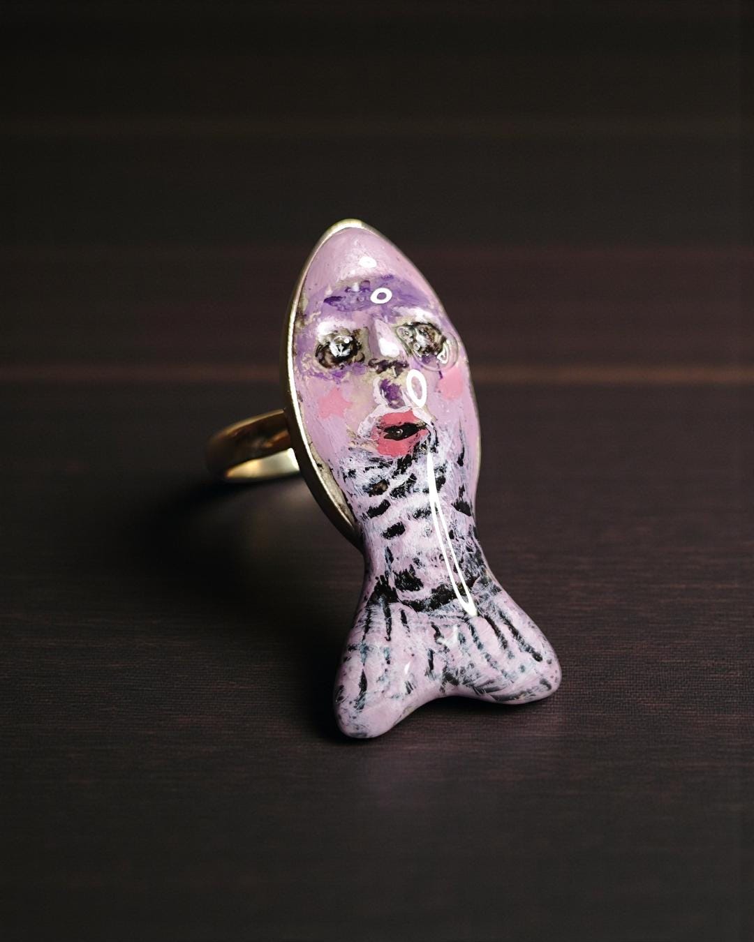 Purple Fish Ring – Handmade Clay & Resin Surreal Statement Jewelry, Sculptural Fantasy Wearable Art with Sterling Silver S925 Band