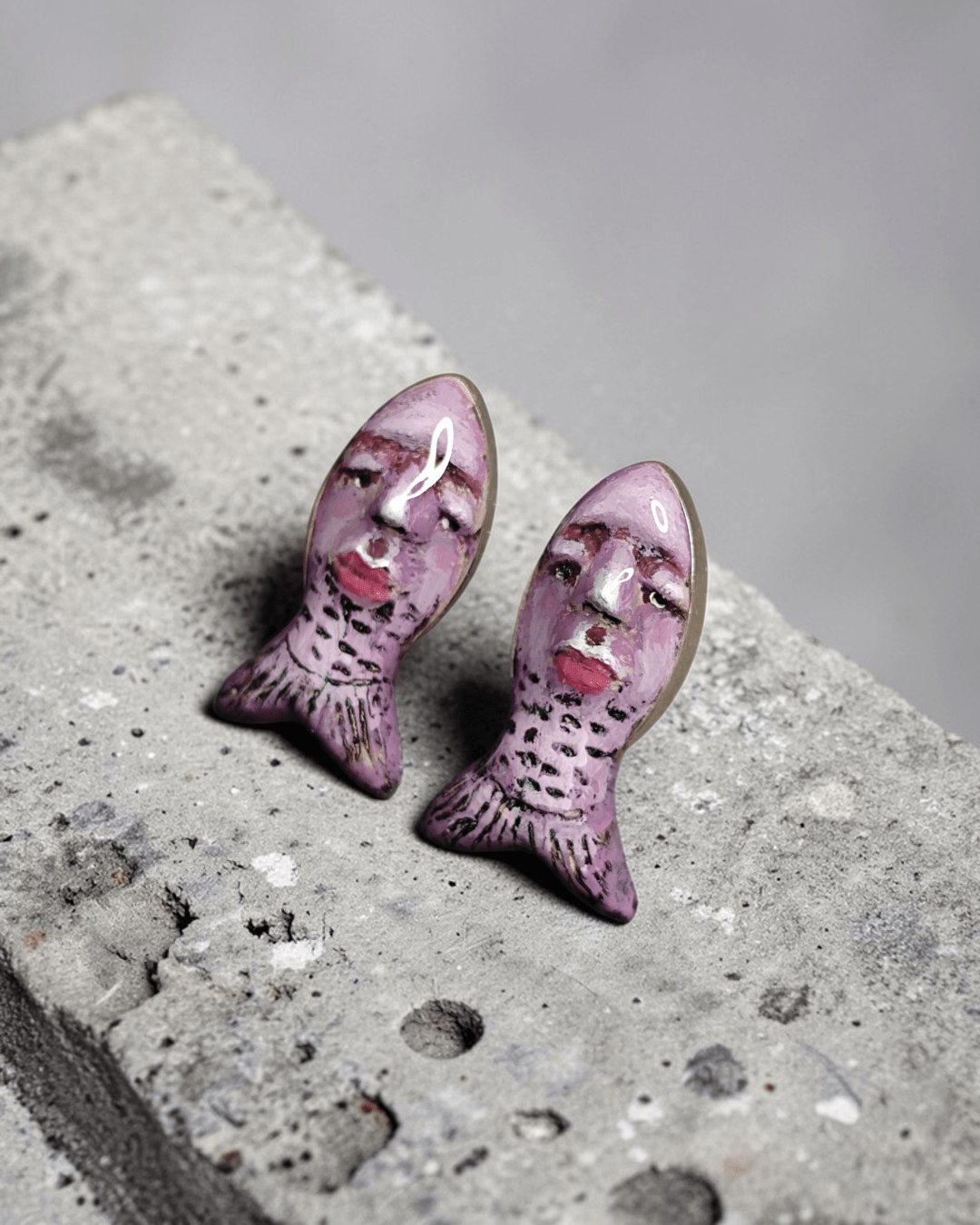 Purple Fish Stud Earrings – Handmade Clay & Resin Surreal Statement Jewelry, Sculptural Wearable Art with Sterling Silver S925 Studs - SAMA