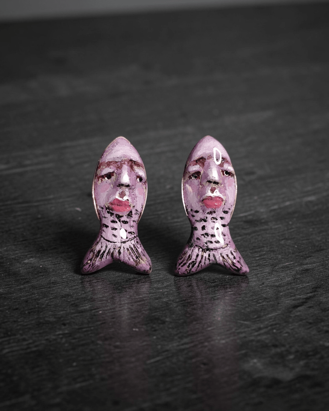 Purple Fish Stud Earrings – Handmade Clay & Resin Surreal Statement Jewelry, Sculptural Wearable Art with Sterling Silver S925 Studs - SAMA