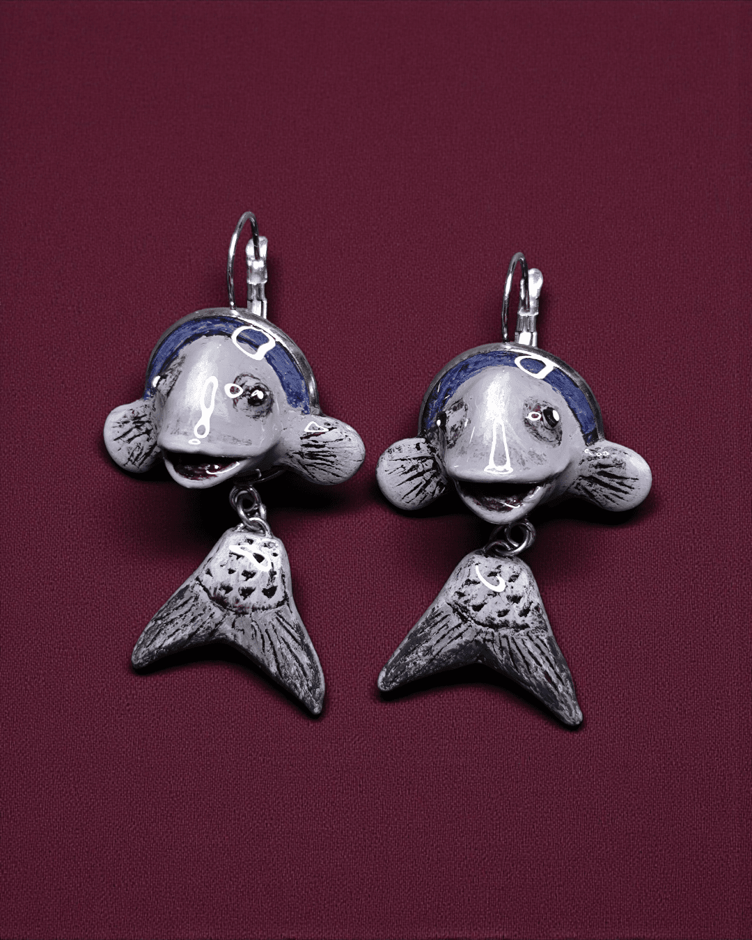 Purple Fishes Earrings – Handmade Clay & Resin Surreal Statement Jewelry, Sculptural Fantasy Wearable Art with Stainless Steel Hooks - SAMA